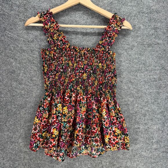 Pleione Top Women XS Black Floral Sleeveless Wide Strap Stretch Square Neck - Picture 2 of 7